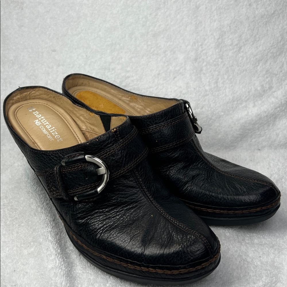 Naturalizer Black Leather Slip-On Mules with Silver Buckle - Picture 3 of 10